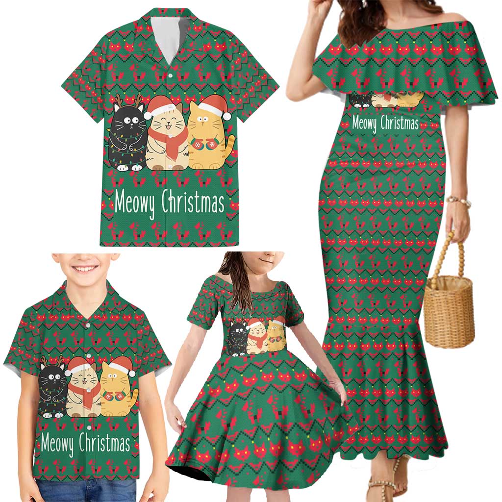 Cat Meowy Christmas Family Matching Mermaid Dress and Hawaiian Shirt Xmas Holiday Patterns - Wonder Print Shop