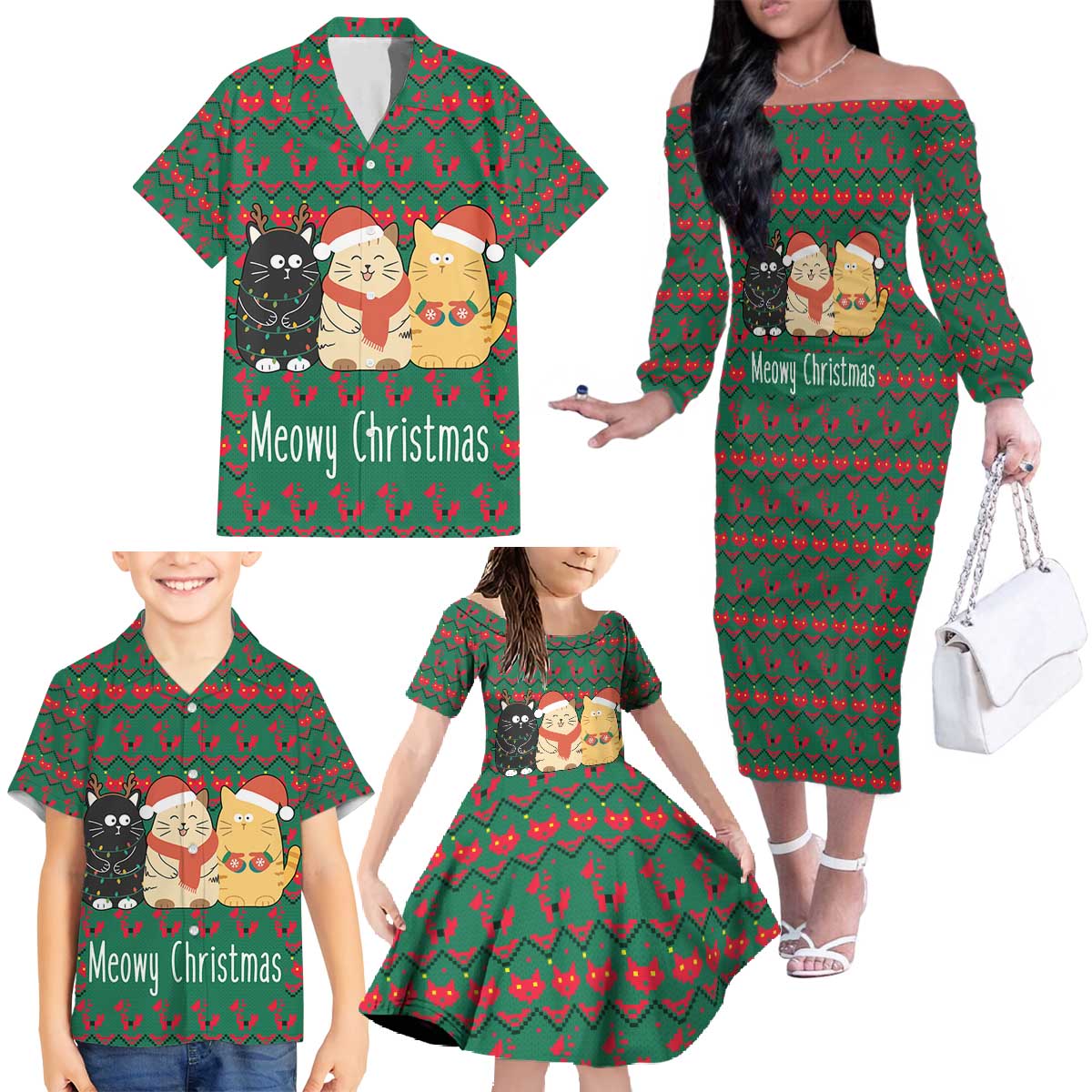 Cat Meowy Christmas Family Matching Off The Shoulder Long Sleeve Dress and Hawaiian Shirt Xmas Holiday Patterns - Wonder Print Shop