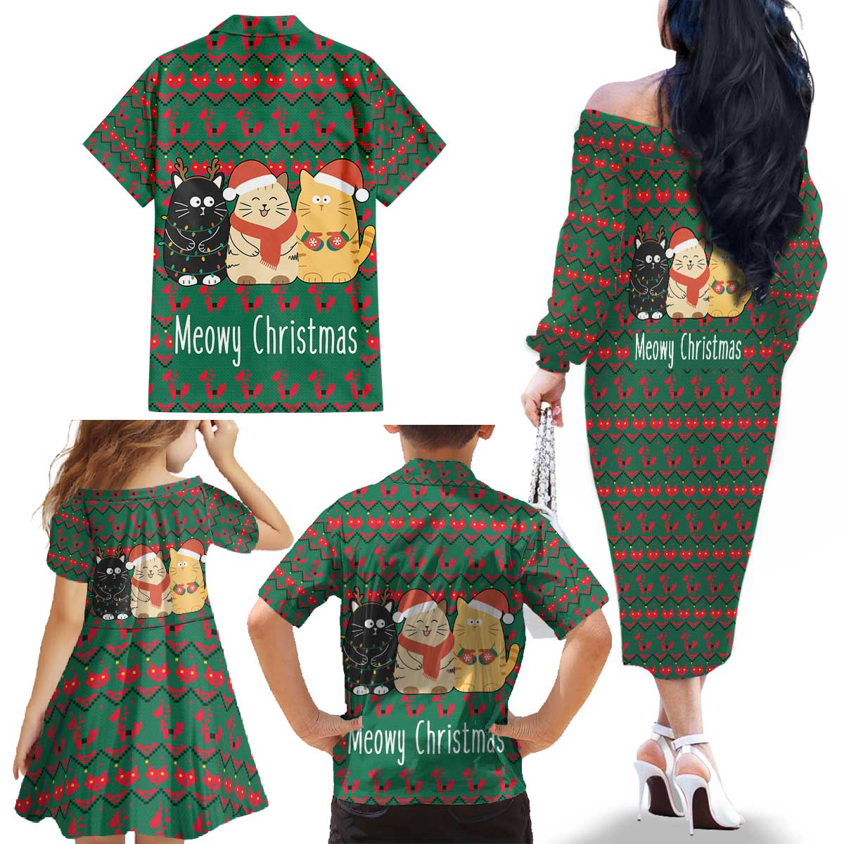 Cat Meowy Christmas Family Matching Off The Shoulder Long Sleeve Dress and Hawaiian Shirt Xmas Holiday Patterns - Wonder Print Shop
