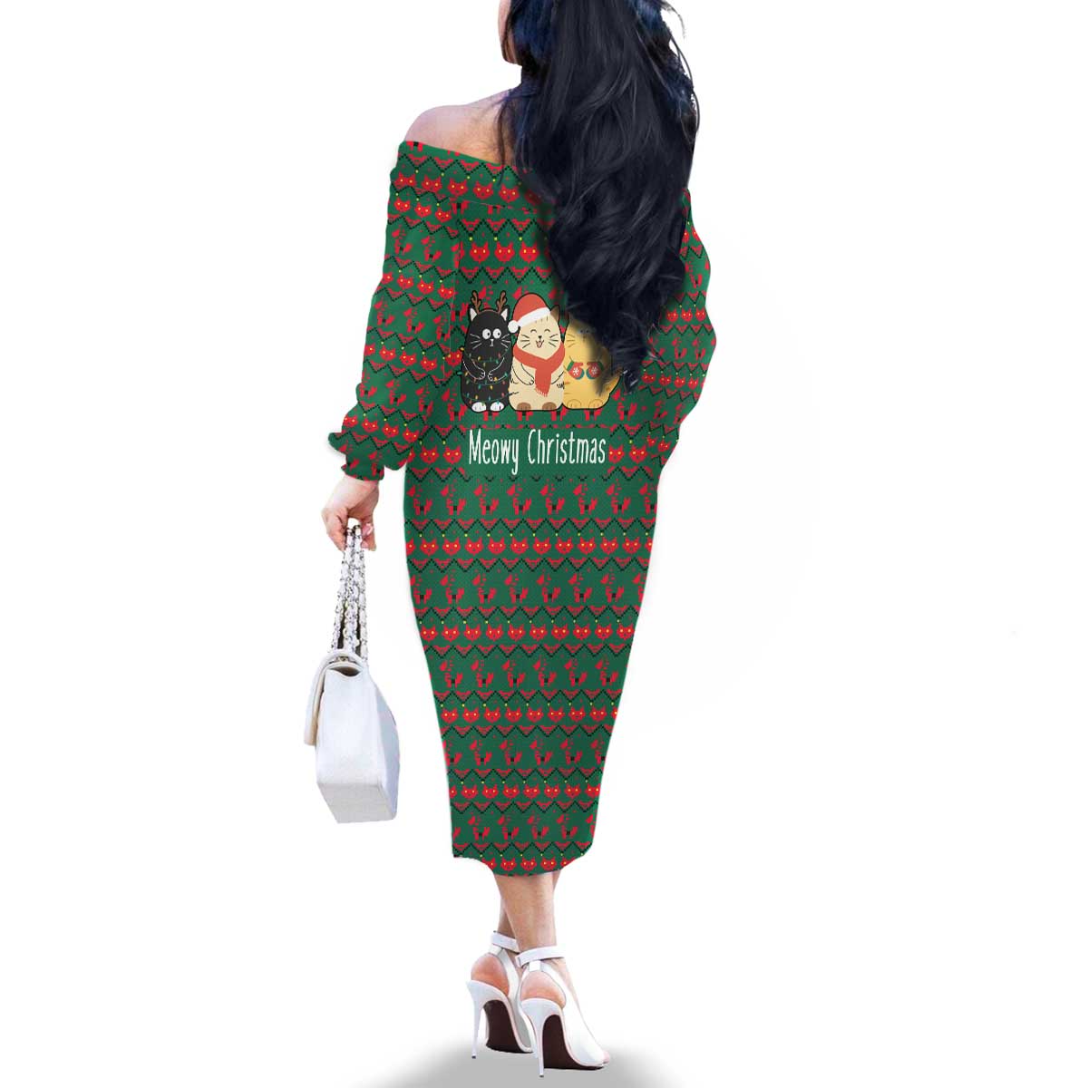 Cat Meowy Christmas Family Matching Off The Shoulder Long Sleeve Dress and Hawaiian Shirt Xmas Holiday Patterns - Wonder Print Shop