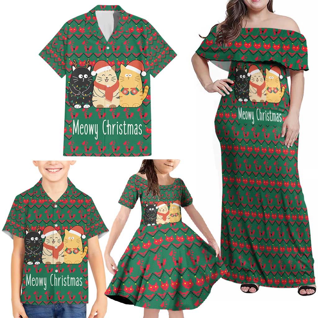 Cat Meowy Christmas Family Matching Off Shoulder Maxi Dress and Hawaiian Shirt Xmas Holiday Patterns - Wonder Print Shop