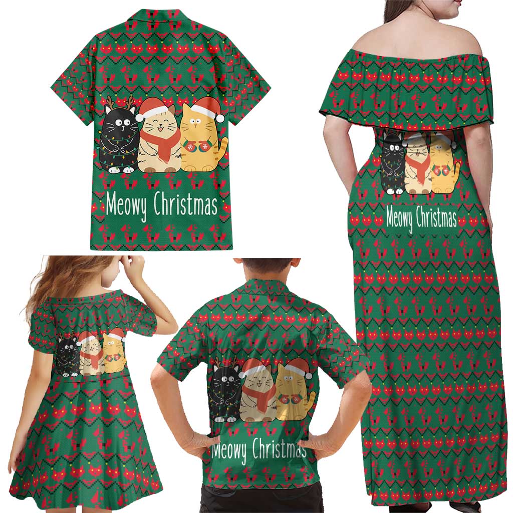 Cat Meowy Christmas Family Matching Off Shoulder Maxi Dress and Hawaiian Shirt Xmas Holiday Patterns - Wonder Print Shop