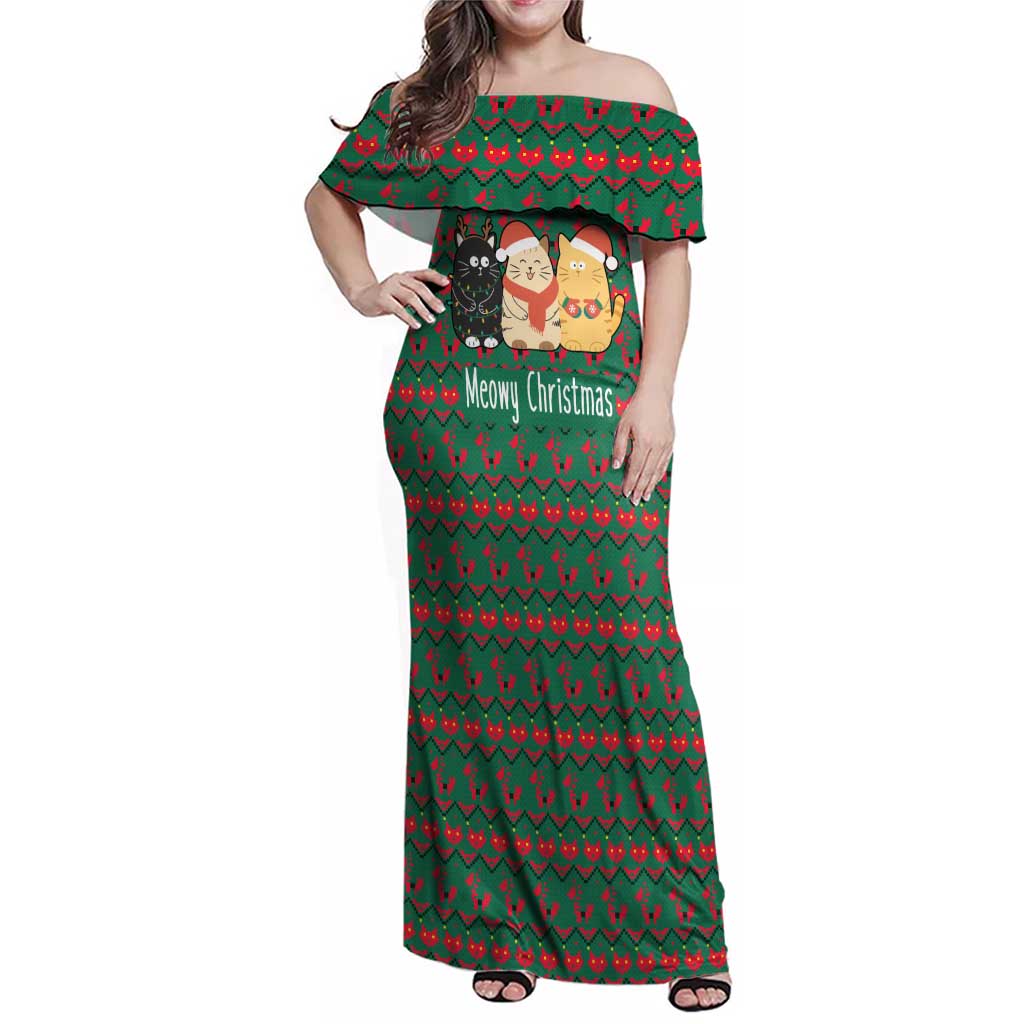 Cat Meowy Christmas Family Matching Off Shoulder Maxi Dress and Hawaiian Shirt Xmas Holiday Patterns - Wonder Print Shop