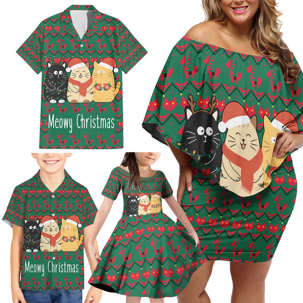 Cat Meowy Christmas Family Matching Off Shoulder Short Dress and Hawaiian Shirt Xmas Holiday Patterns - Wonder Print Shop