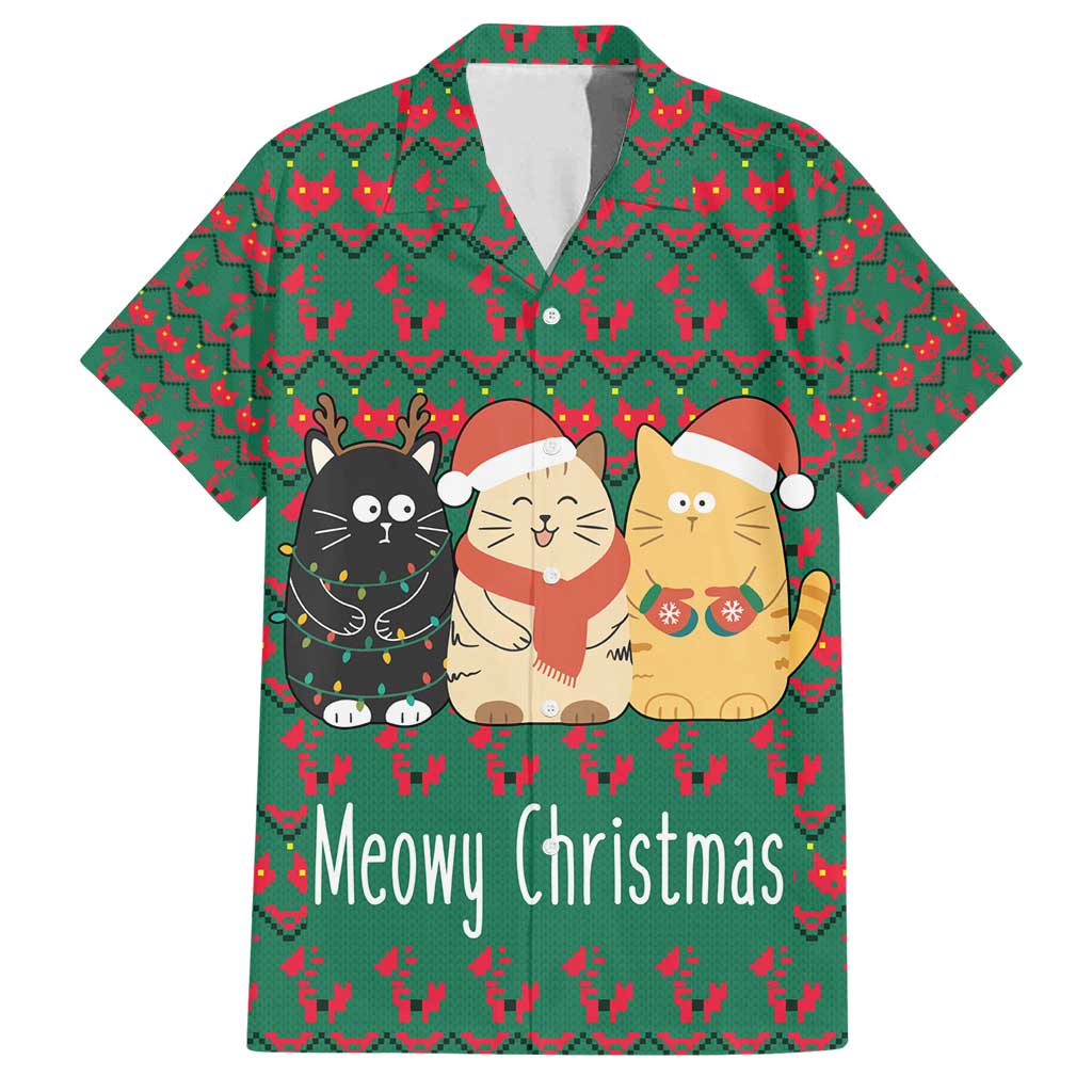 Cat Meowy Christmas Family Matching Off Shoulder Short Dress and Hawaiian Shirt Xmas Holiday Patterns - Wonder Print Shop