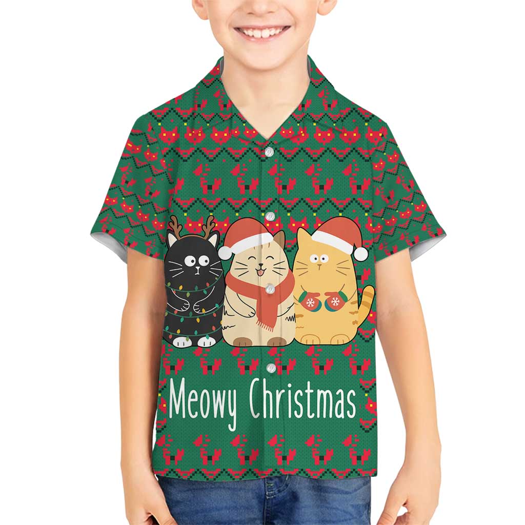 Cat Meowy Christmas Family Matching Off Shoulder Short Dress and Hawaiian Shirt Xmas Holiday Patterns - Wonder Print Shop