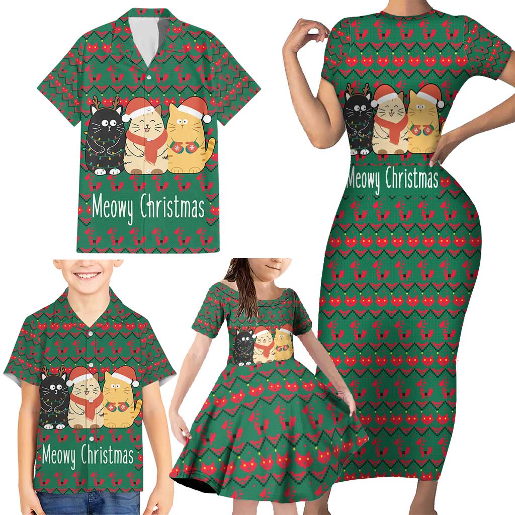 Cat Meowy Christmas Family Matching Short Sleeve Bodycon Dress and Hawaiian Shirt Xmas Holiday Patterns - Wonder Print Shop