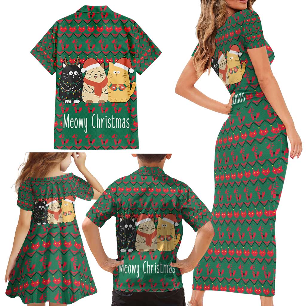 Cat Meowy Christmas Family Matching Short Sleeve Bodycon Dress and Hawaiian Shirt Xmas Holiday Patterns - Wonder Print Shop