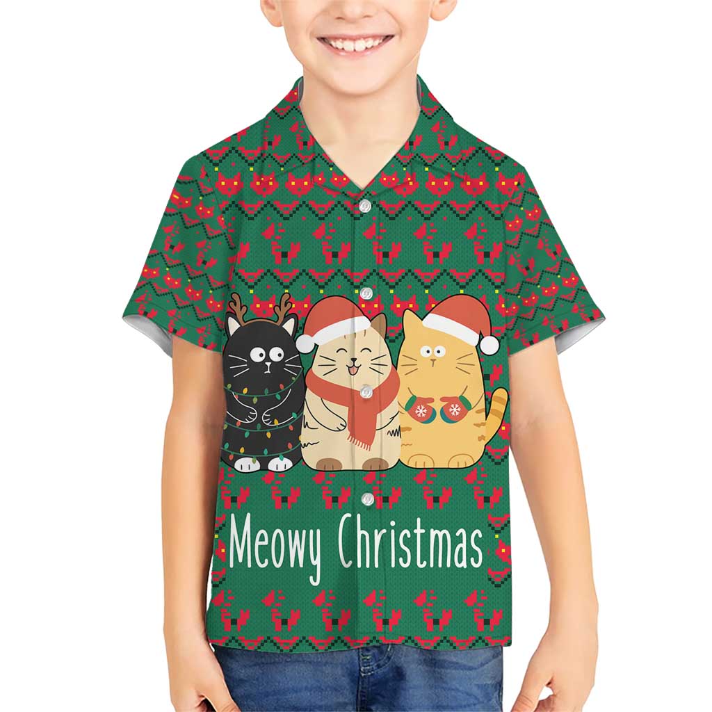 Cat Meowy Christmas Family Matching Short Sleeve Bodycon Dress and Hawaiian Shirt Xmas Holiday Patterns - Wonder Print Shop
