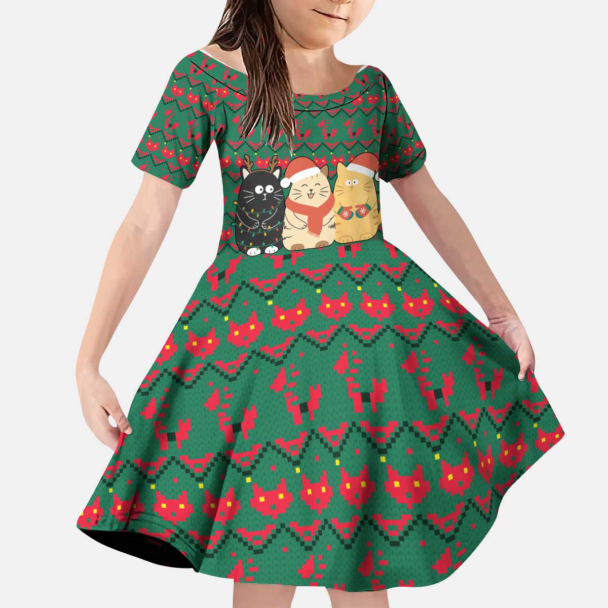 Cat Meowy Christmas Kid Short Sleeve Dress Xmas Holiday Patterns - Wonder Print Shop