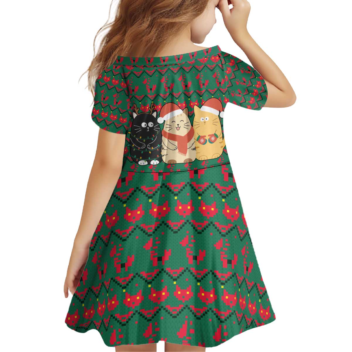 Cat Meowy Christmas Kid Short Sleeve Dress Xmas Holiday Patterns - Wonder Print Shop