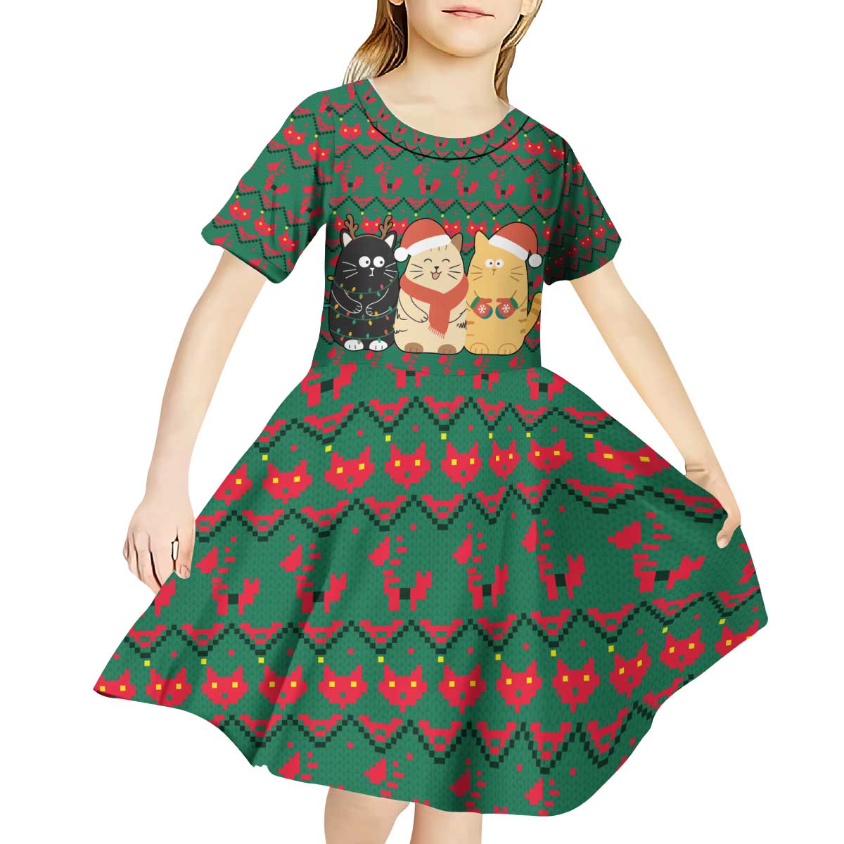Cat Meowy Christmas Kid Short Sleeve Dress Xmas Holiday Patterns - Wonder Print Shop