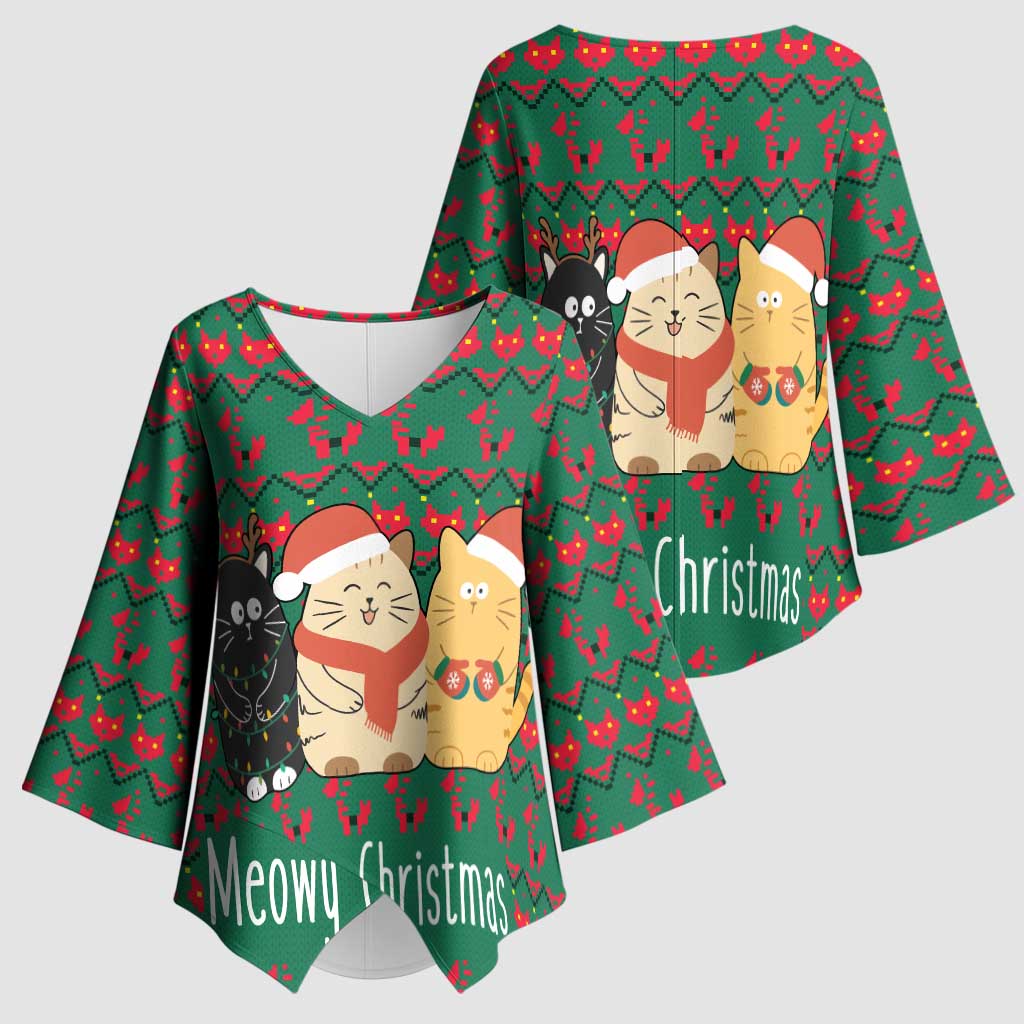 Cat Meowy Christmas Kimono Sleeve Blouse Xmas Holiday Patterns - Wonder Print Shop