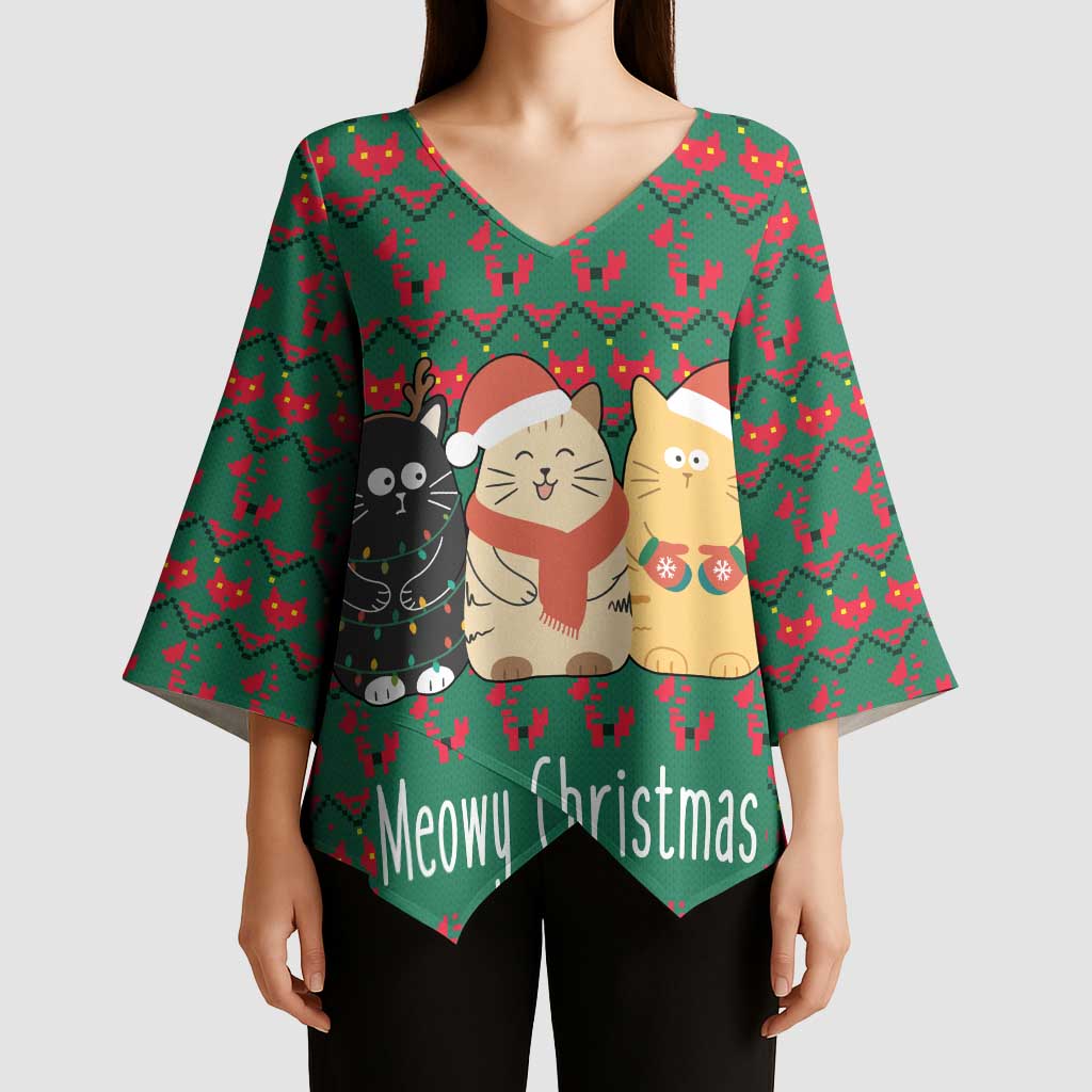 Cat Meowy Christmas Kimono Sleeve Blouse Xmas Holiday Patterns - Wonder Print Shop