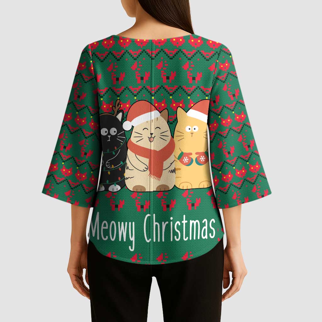 Cat Meowy Christmas Kimono Sleeve Blouse Xmas Holiday Patterns - Wonder Print Shop