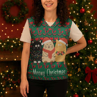 Cat Meowy Christmas Knitted V-Neck Vest Xmas Holiday Patterns - Wonder Print Shop