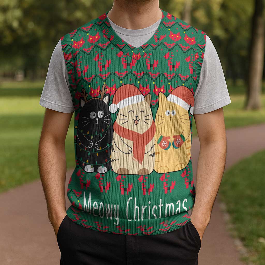 Cat Meowy Christmas Knitted V-Neck Vest Xmas Holiday Patterns - Wonder Print Shop