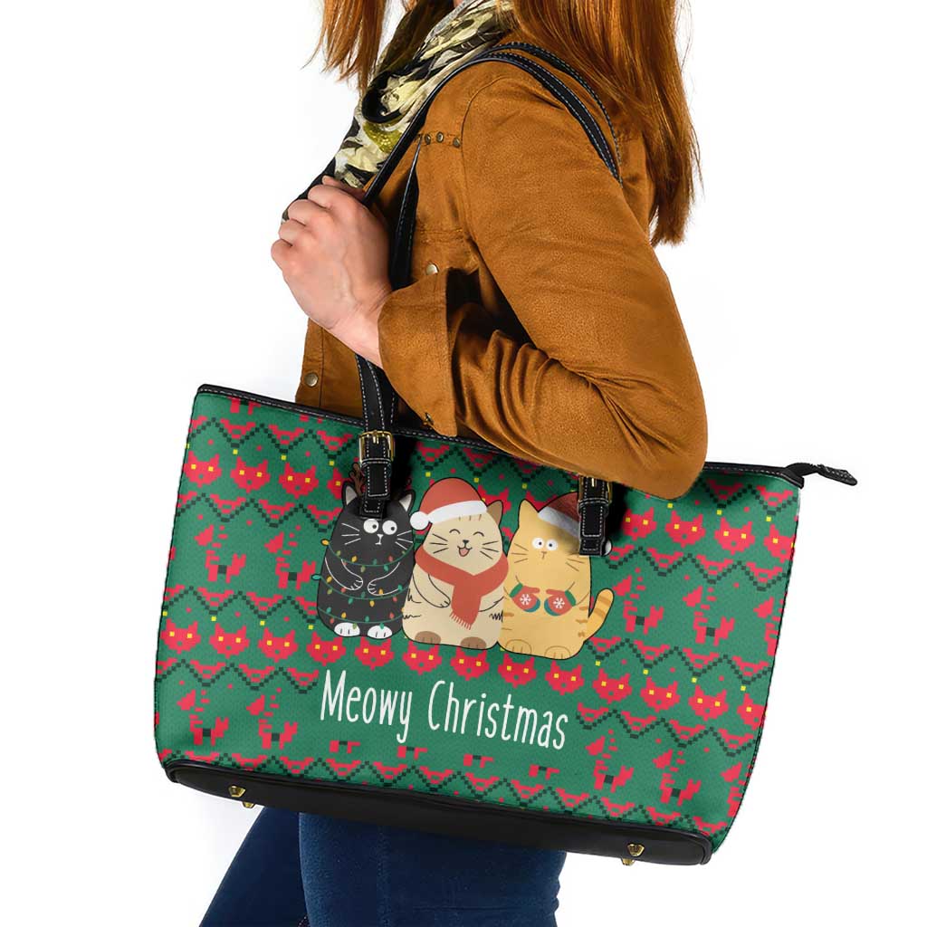 Cat Meowy Christmas Leather Tote Bag Xmas Holiday Patterns - Wonder Print Shop