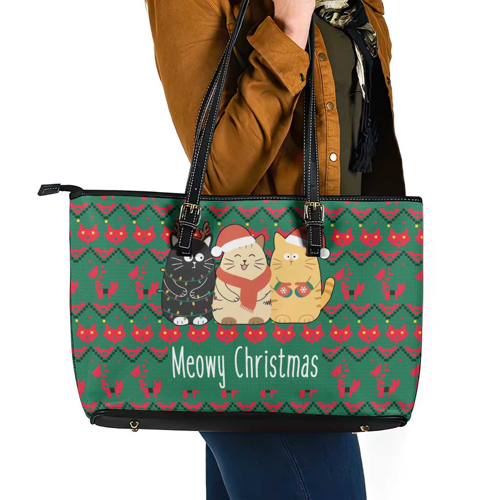 Cat Meowy Christmas Leather Tote Bag Xmas Holiday Patterns - Wonder Print Shop