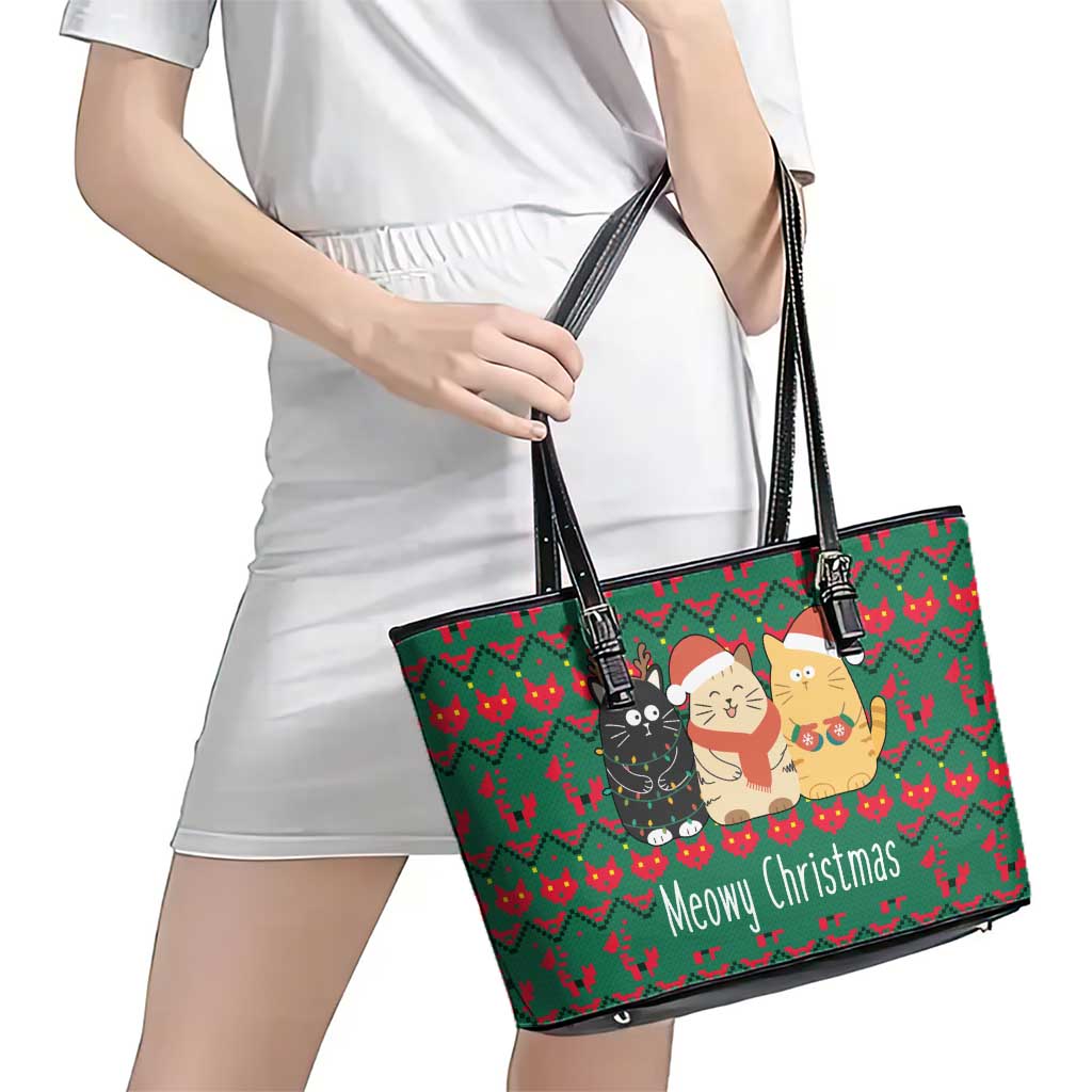 Cat Meowy Christmas Leather Tote Bag Xmas Holiday Patterns - Wonder Print Shop