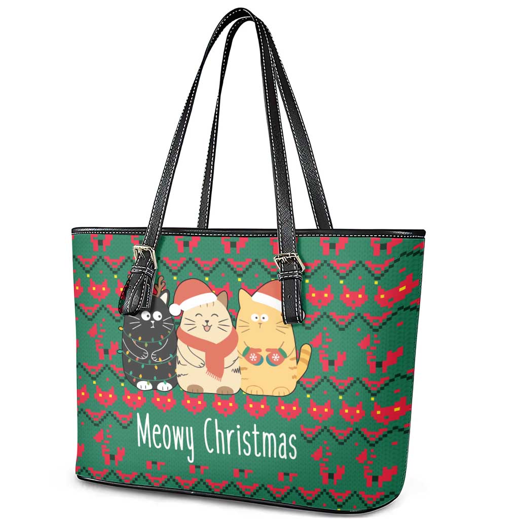 Cat Meowy Christmas Leather Tote Bag Xmas Holiday Patterns - Wonder Print Shop