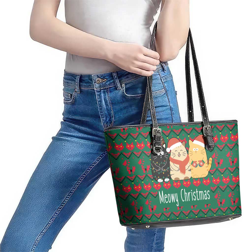 Cat Meowy Christmas Leather Tote Bag Xmas Holiday Patterns - Wonder Print Shop