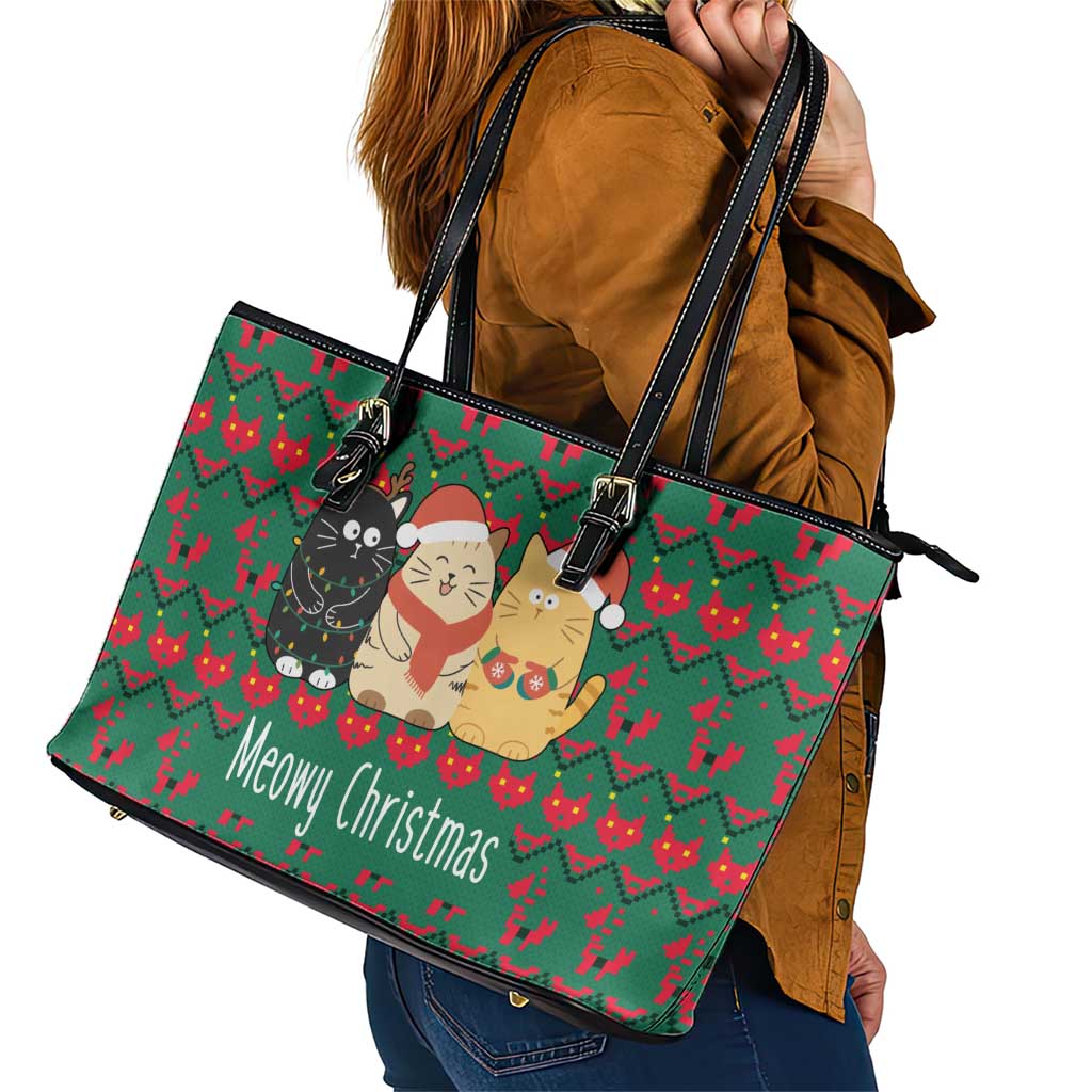 Cat Meowy Christmas Leather Tote Bag Xmas Holiday Patterns - Wonder Print Shop
