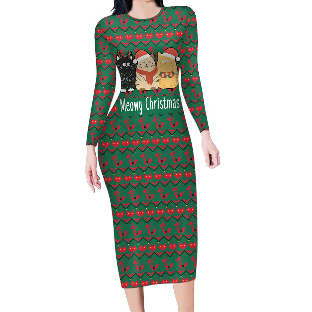 Cat Meowy Christmas Long Sleeve Bodycon Dress Xmas Holiday Patterns - Wonder Print Shop