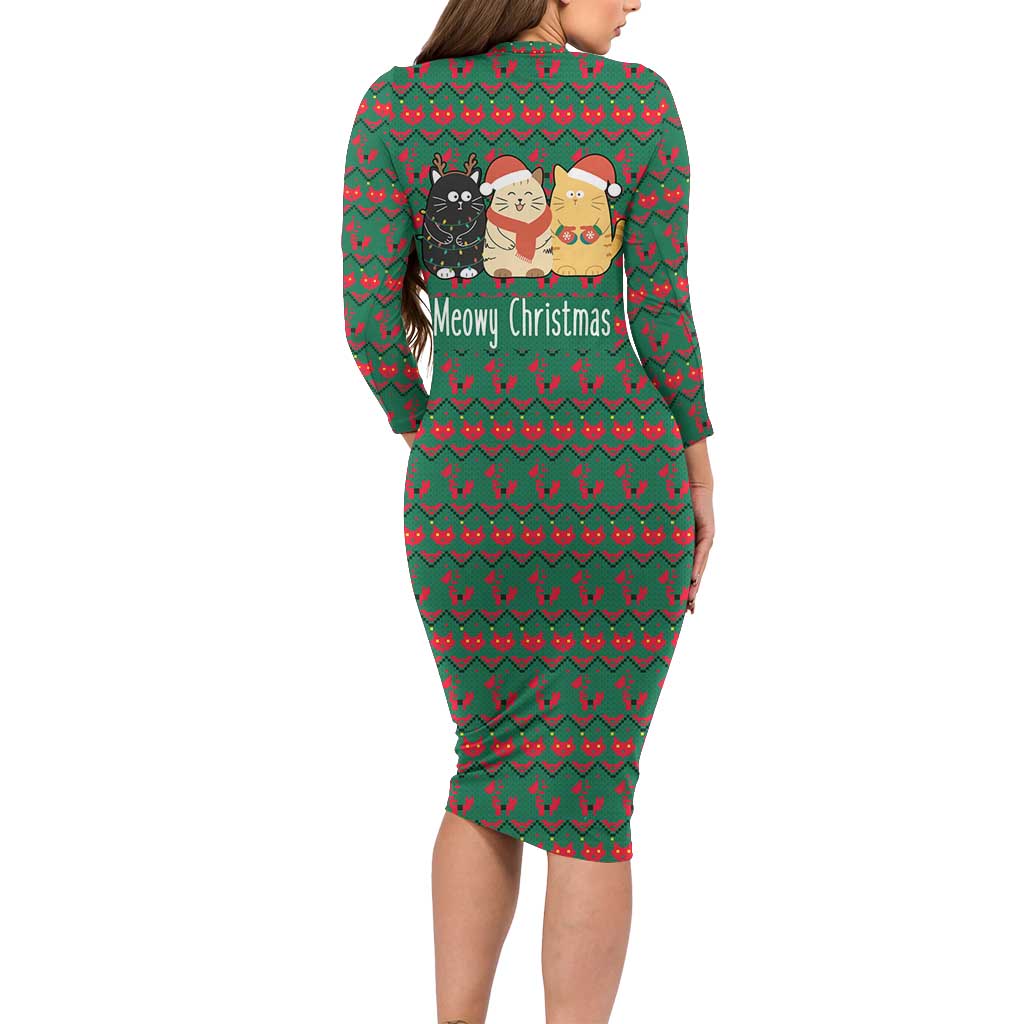 Cat Meowy Christmas Long Sleeve Bodycon Dress Xmas Holiday Patterns - Wonder Print Shop