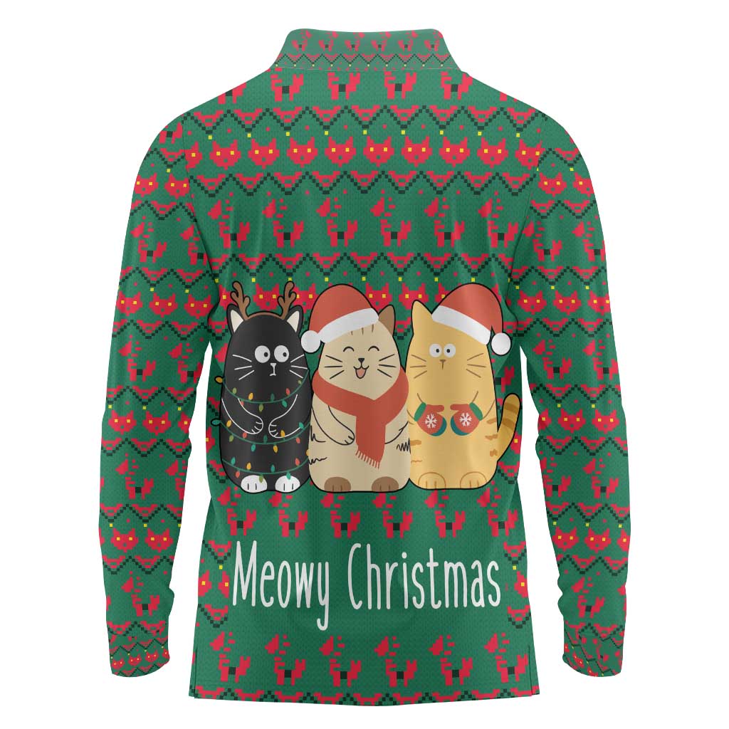 Cat Meowy Christmas Long Sleeve Polo Shirt Xmas Holiday Patterns - Wonder Print Shop