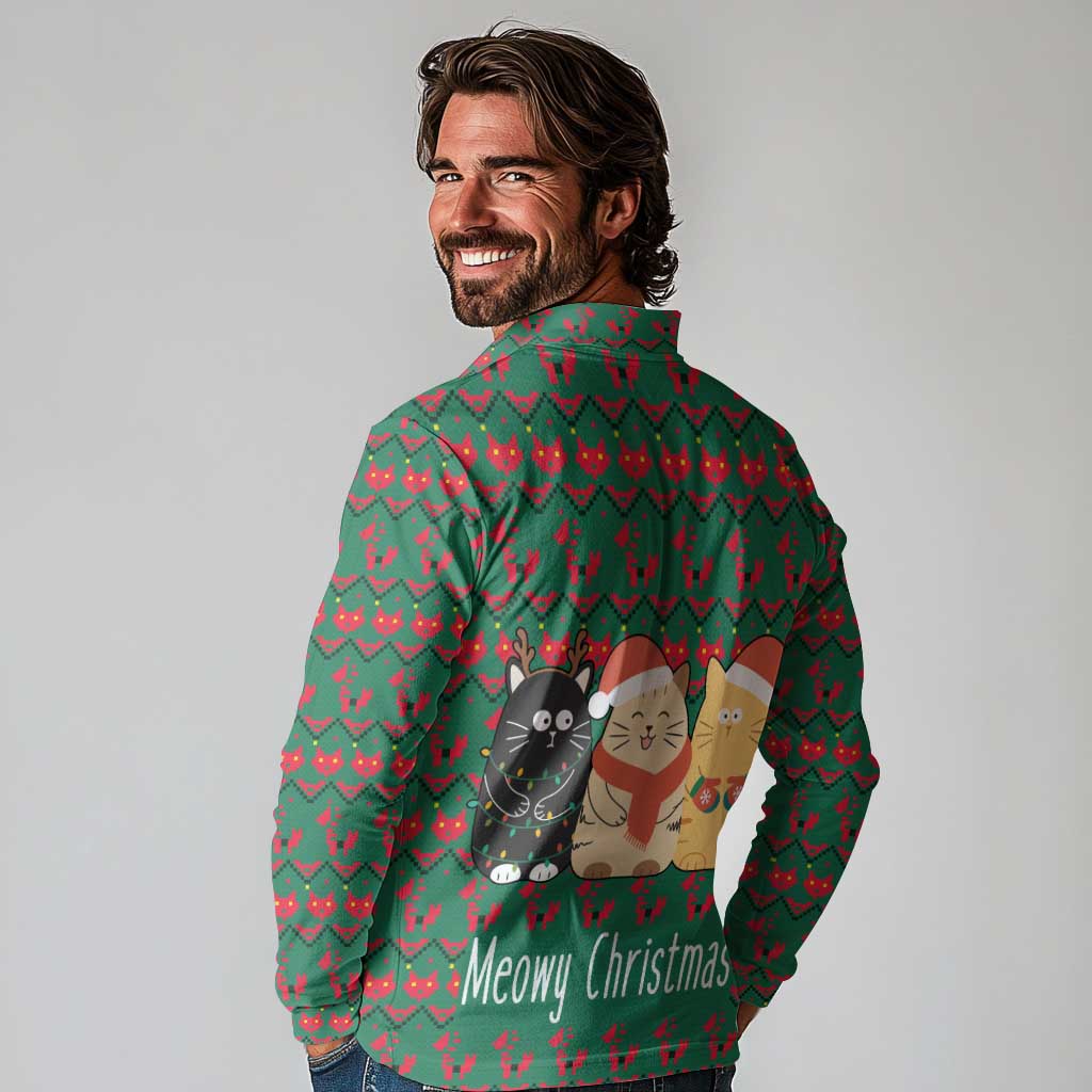 Cat Meowy Christmas Long Sleeve Polo Shirt Xmas Holiday Patterns - Wonder Print Shop