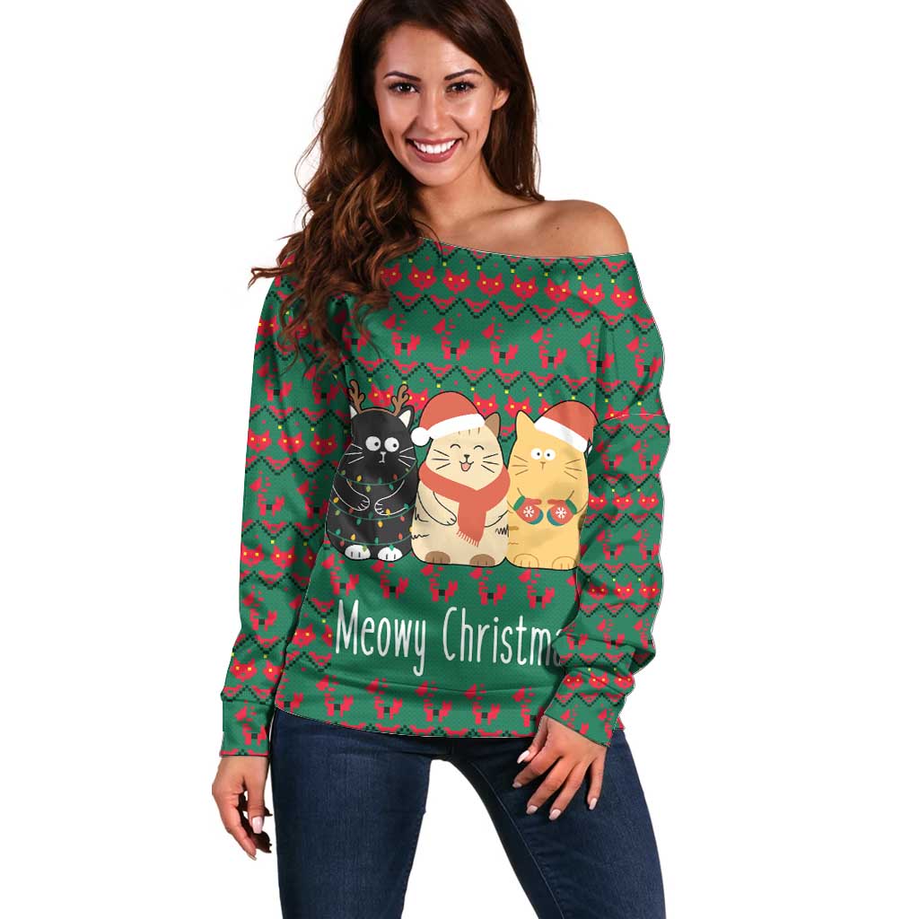 Cat Meowy Christmas Off Shoulder Sweater Xmas Holiday Patterns - Wonder Print Shop