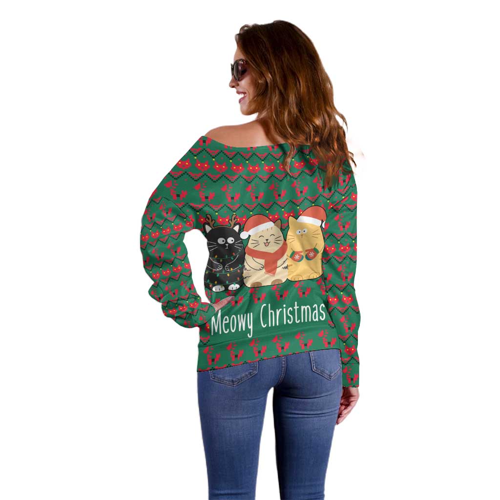 Cat Meowy Christmas Off Shoulder Sweater Xmas Holiday Patterns - Wonder Print Shop