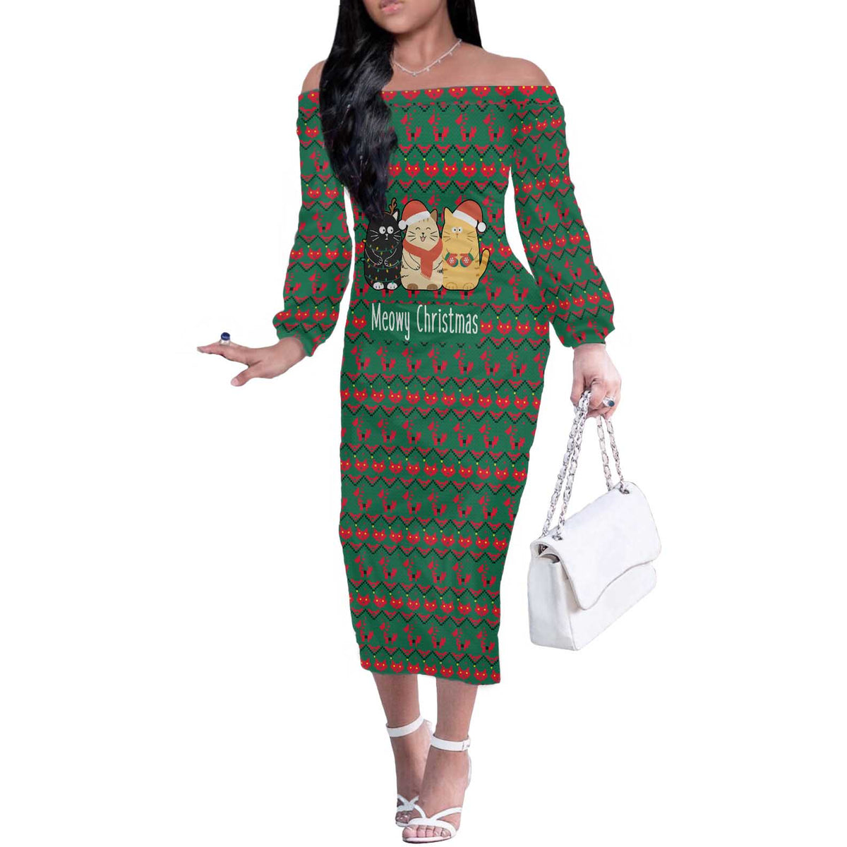 Cat Meowy Christmas Off The Shoulder Long Sleeve Dress Xmas Holiday Patterns - Wonder Print Shop