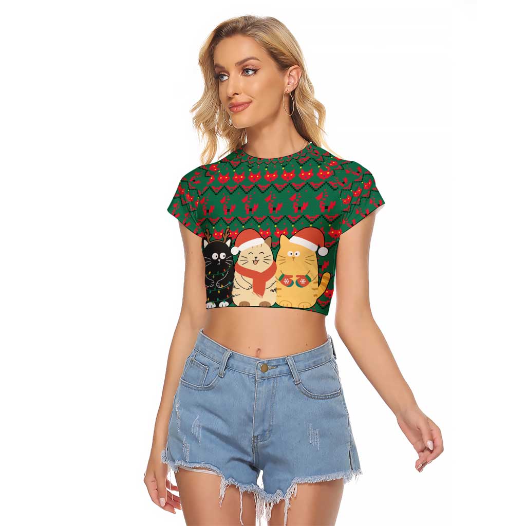 Cat Meowy Christmas Raglan Cropped T Shirt Xmas Holiday Patterns - Wonder Print Shop