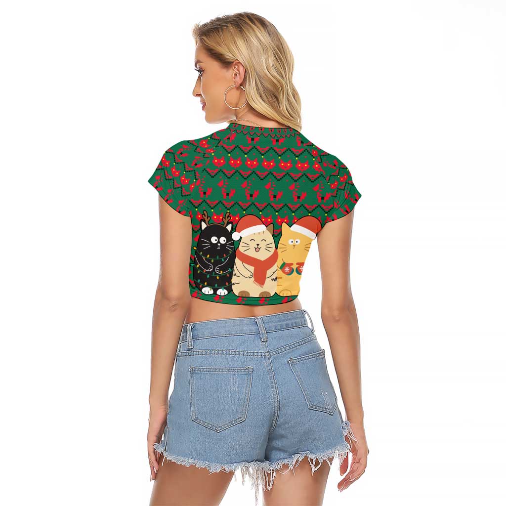 Cat Meowy Christmas Raglan Cropped T Shirt Xmas Holiday Patterns - Wonder Print Shop