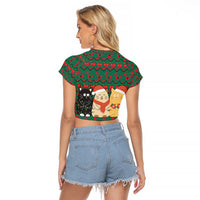 Cat Meowy Christmas Raglan Cropped T Shirt Xmas Holiday Patterns - Wonder Print Shop