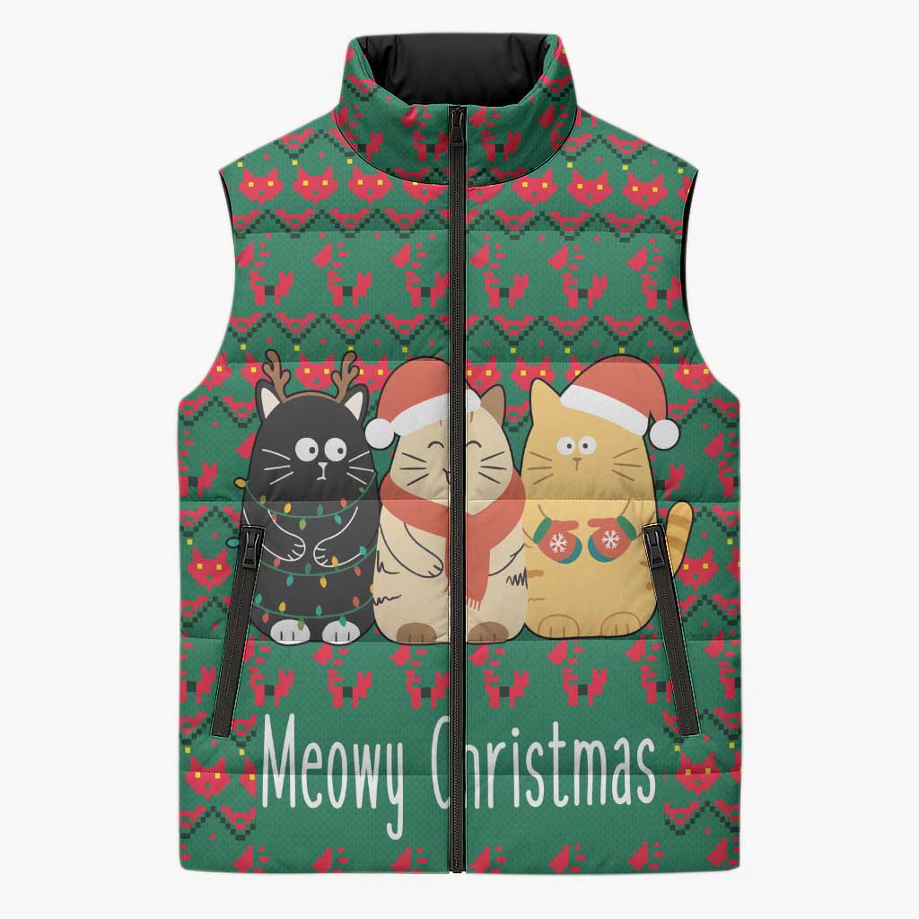 Cat Meowy Christmas Sleeveless Puffer Jacket Xmas Holiday Patterns - Wonder Print Shop