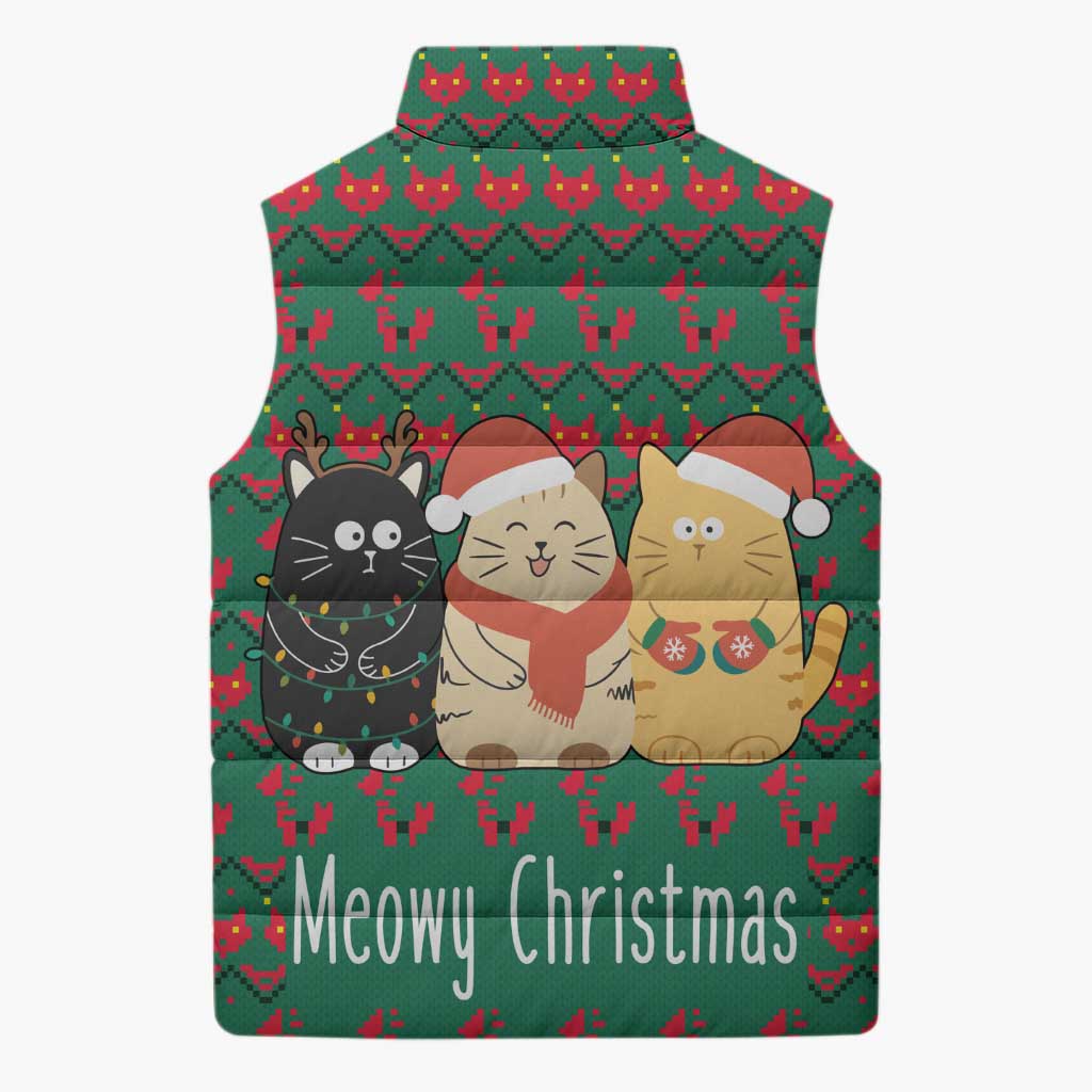 Cat Meowy Christmas Sleeveless Puffer Jacket Xmas Holiday Patterns - Wonder Print Shop