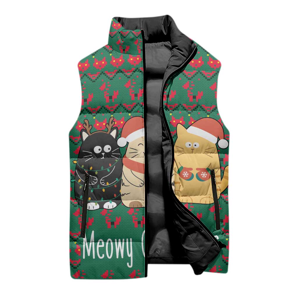 Cat Meowy Christmas Sleeveless Puffer Jacket Xmas Holiday Patterns - Wonder Print Shop