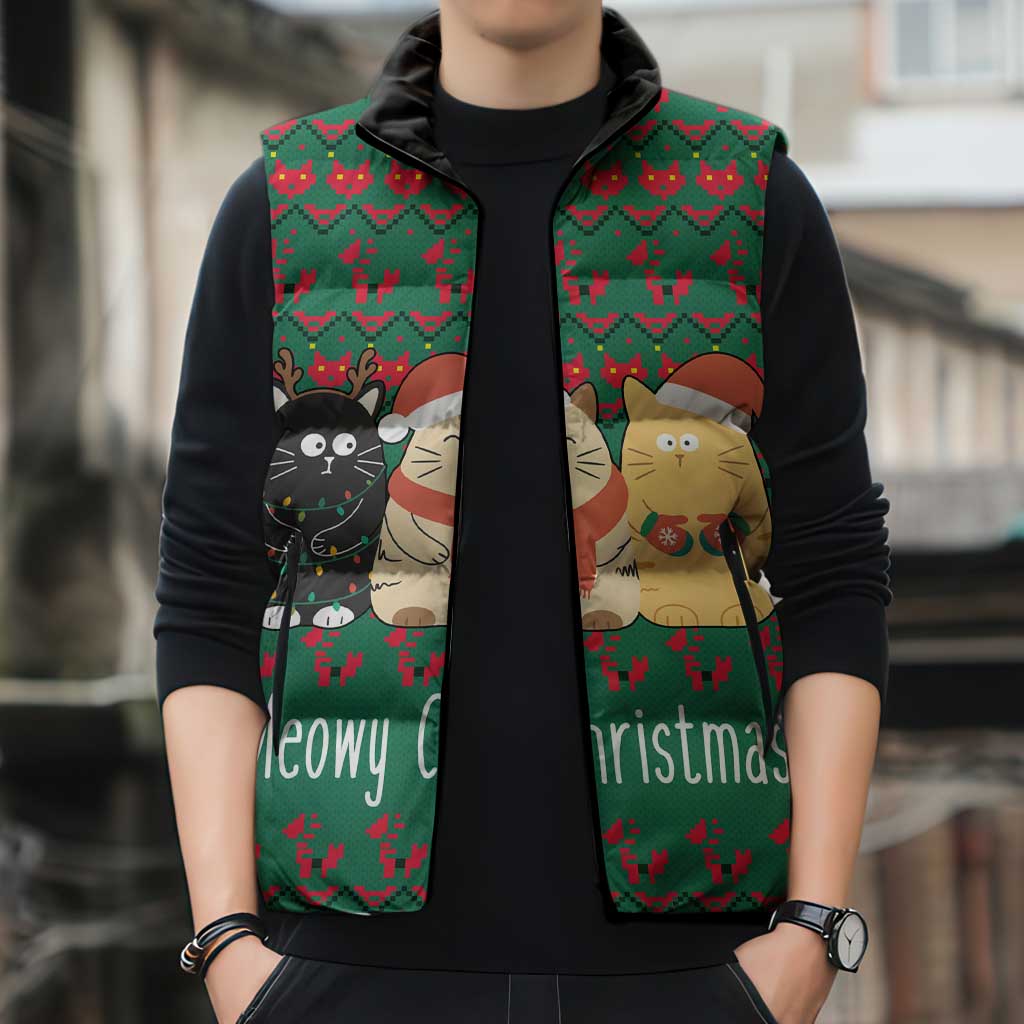 Cat Meowy Christmas Sleeveless Puffer Jacket Xmas Holiday Patterns - Wonder Print Shop