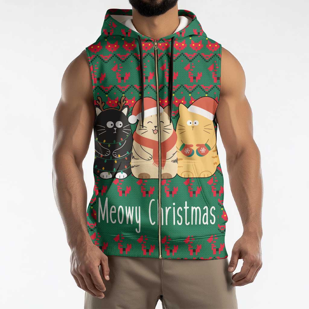 Cat Meowy Christmas Sleeveless Zip Hoodie Xmas Holiday Patterns - Wonder Print Shop