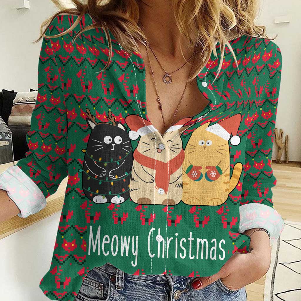 Cat Meowy Christmas Women Casual Shirt Xmas Holiday Patterns - Wonder Print Shop