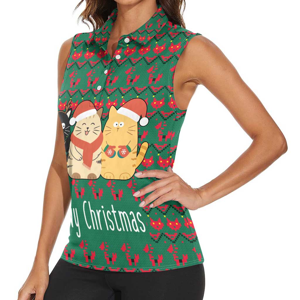 Cat Meowy Christmas Women Sleeveless Polo Shirt Xmas Holiday Patterns - Wonder Print Shop