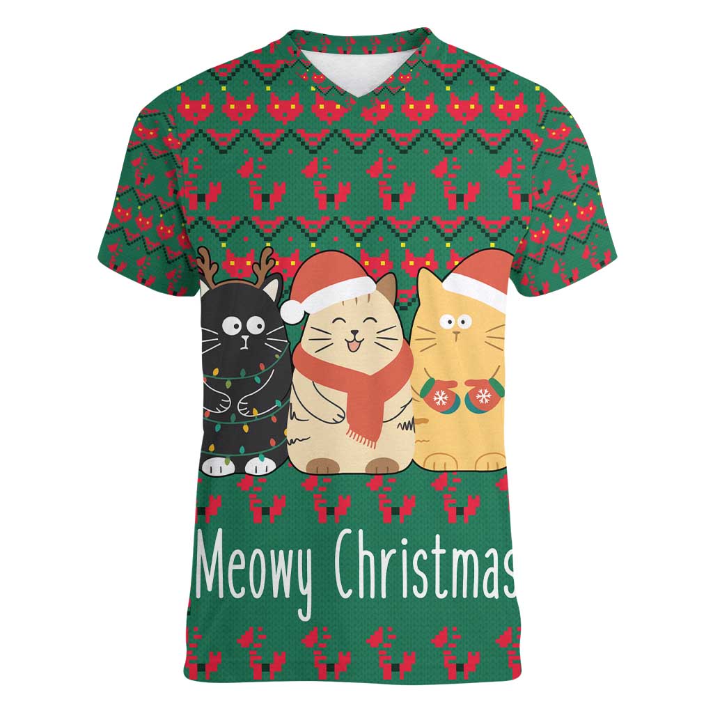 Cat Meowy Christmas Women V-Neck T-Shirt Xmas Holiday Patterns - Wonder Print Shop