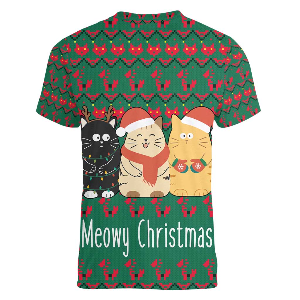 Cat Meowy Christmas Women V-Neck T-Shirt Xmas Holiday Patterns - Wonder Print Shop