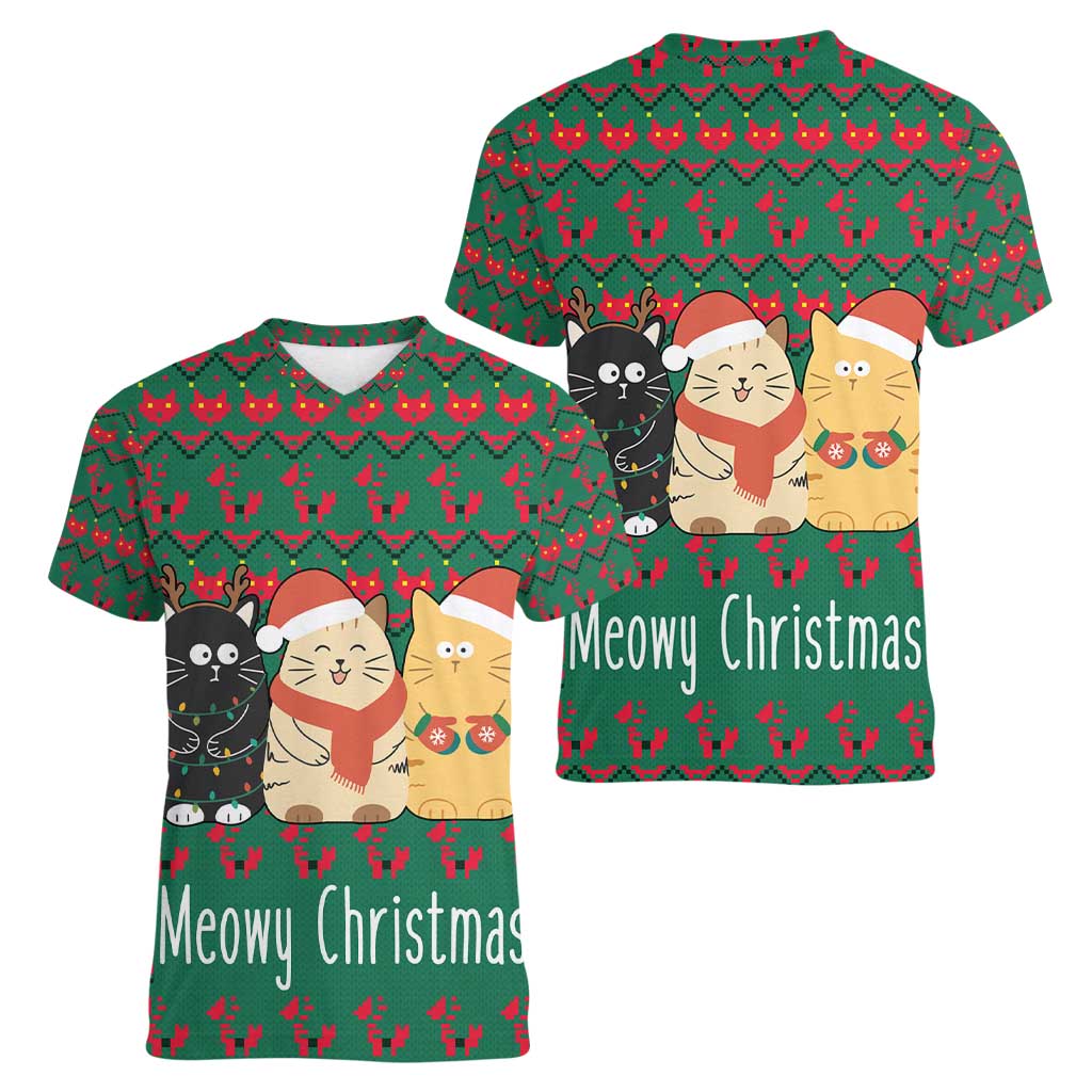 Cat Meowy Christmas Women V-Neck T-Shirt Xmas Holiday Patterns - Wonder Print Shop
