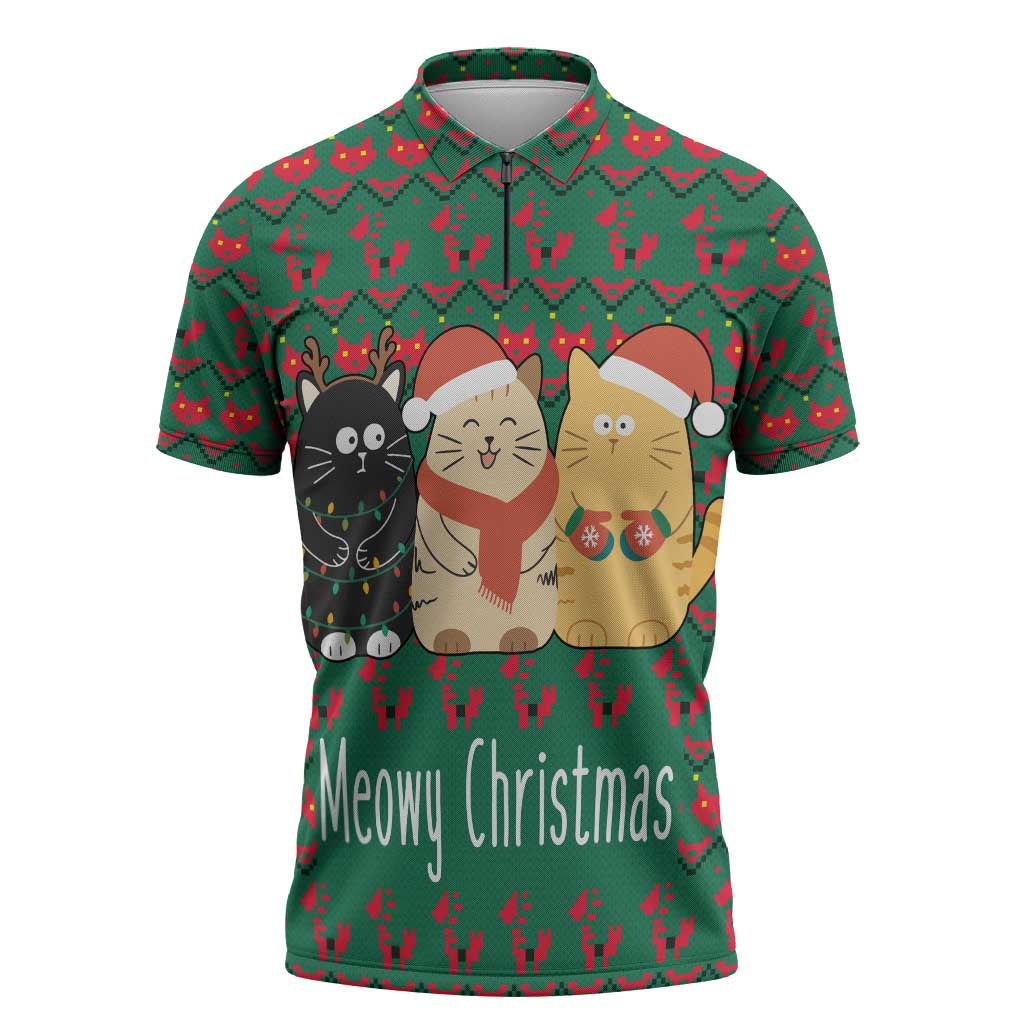 Cat Meowy Christmas Zipper Polo Shirt Xmas Holiday Patterns - Wonder Print Shop