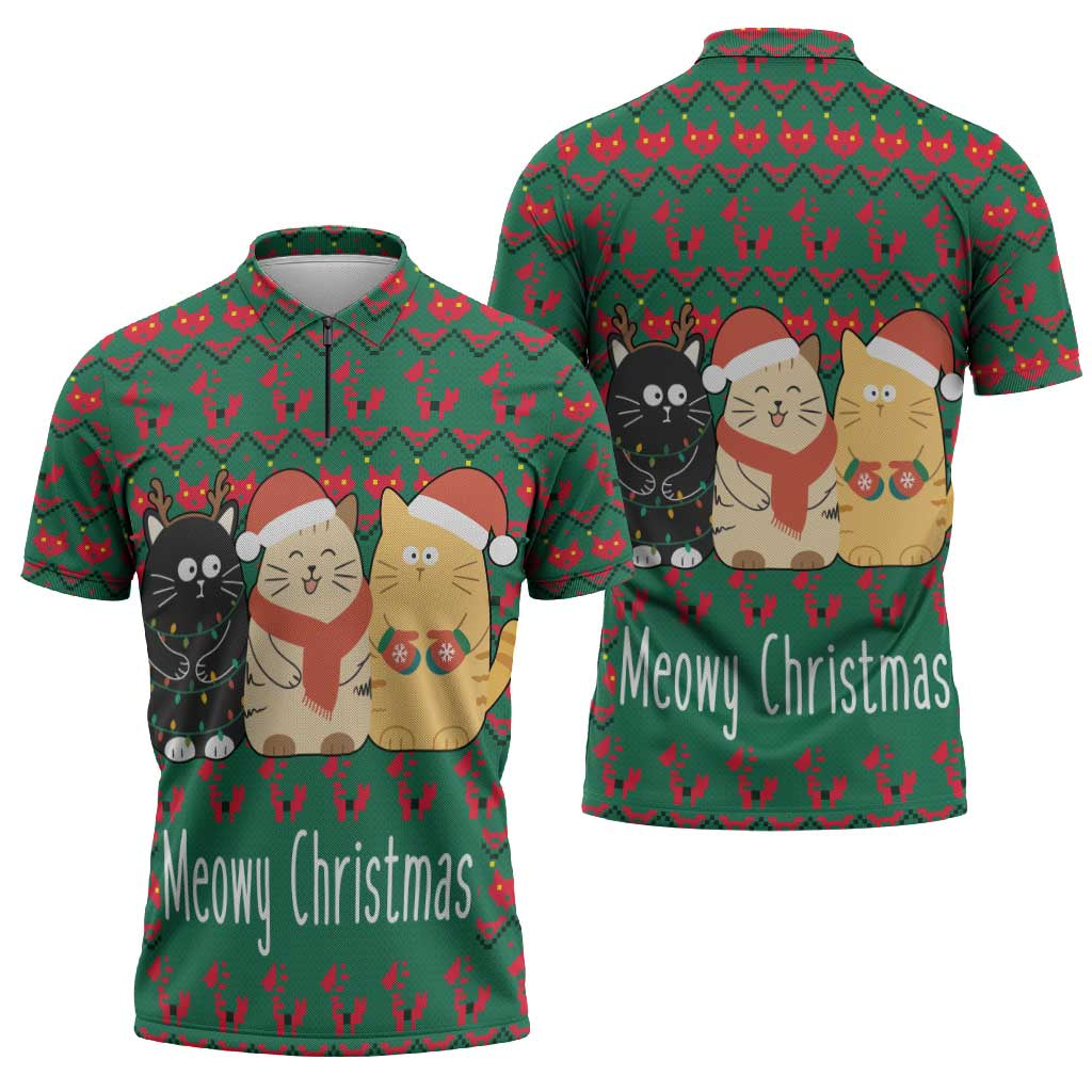 Cat Meowy Christmas Zipper Polo Shirt Xmas Holiday Patterns - Wonder Print Shop