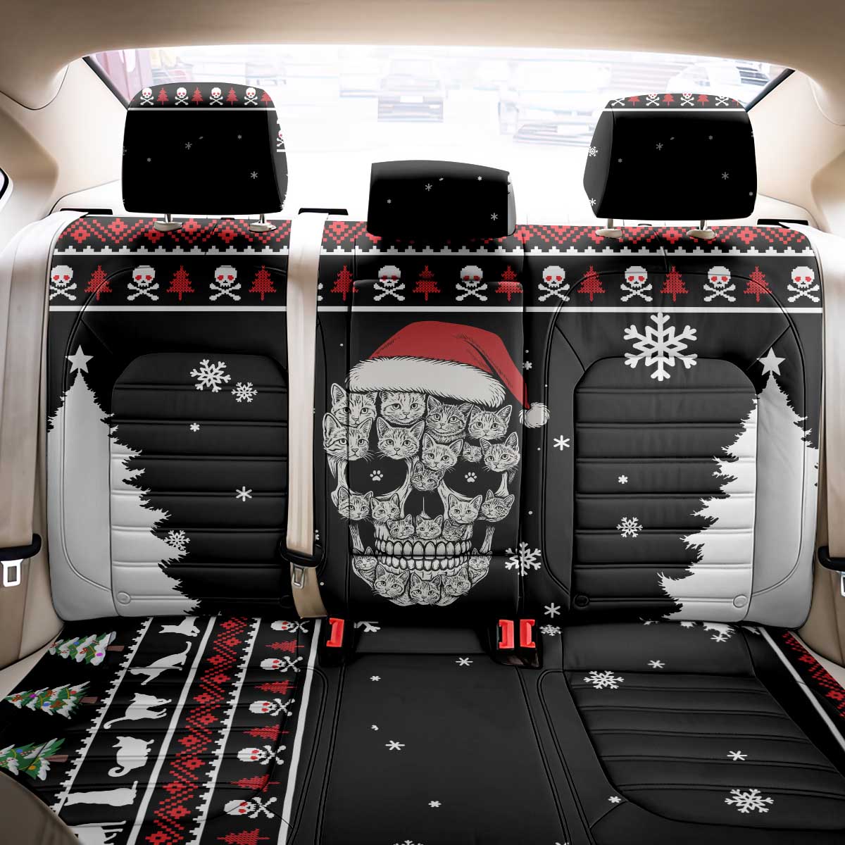 Cat Skull Santa Christmas Back Car Seat Cover Xmas Holiday Patterns - Wonder Print Shop